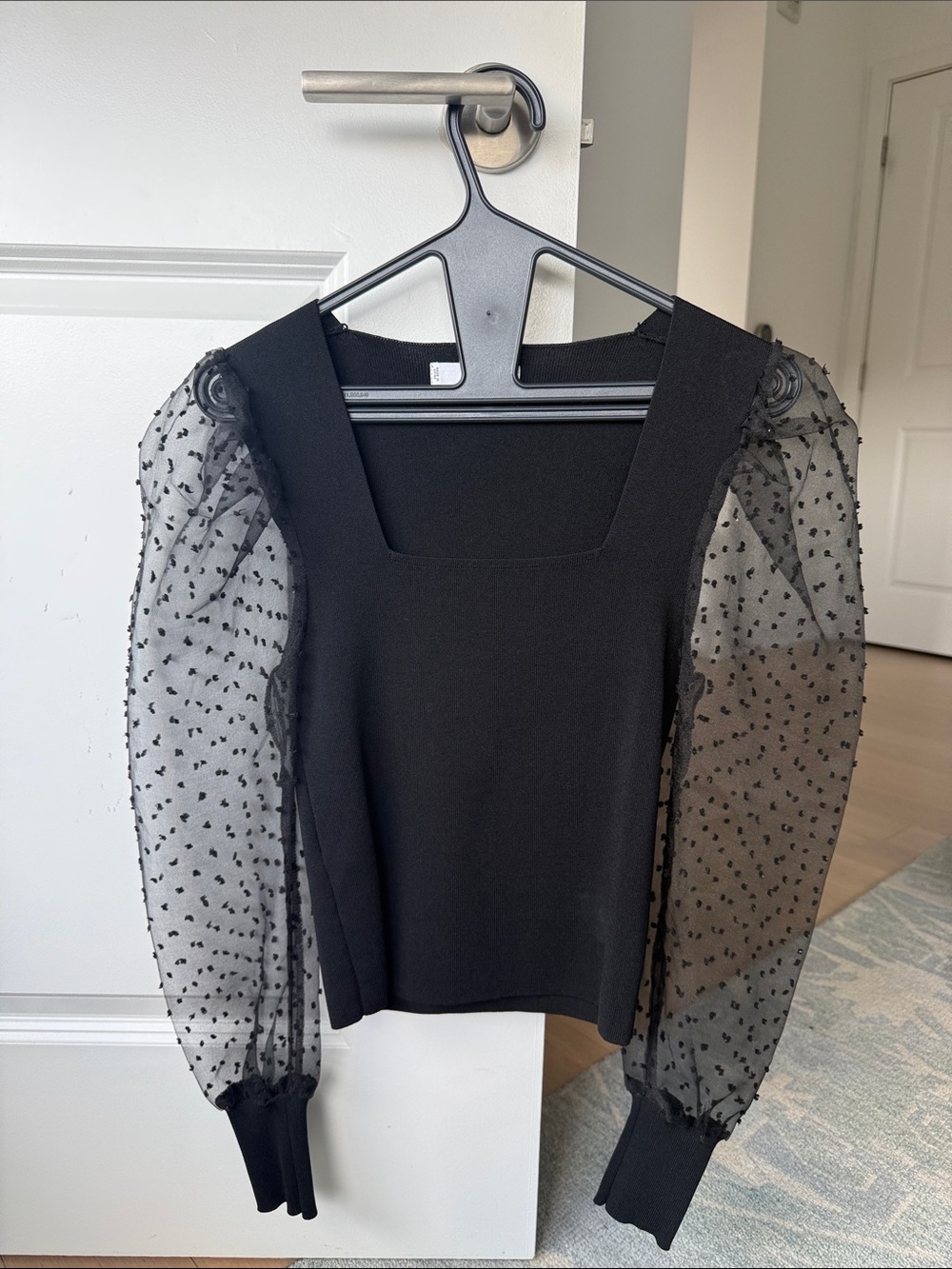 Mango Black Square-Neck Blouse with Sheer Polka-Dot Puff Sleeves